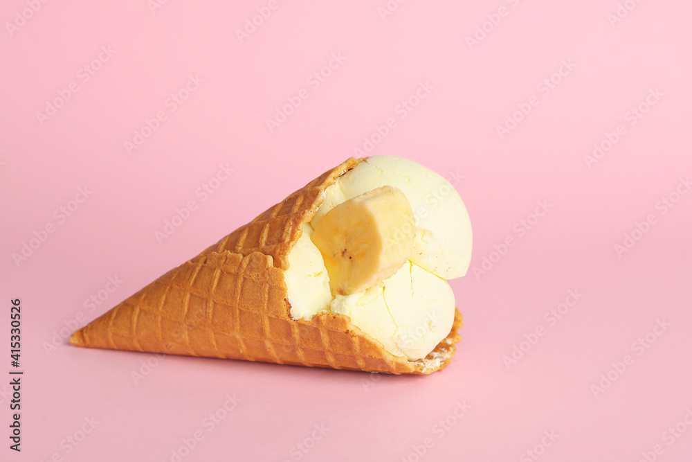 Tasty banana ice-cream on color background