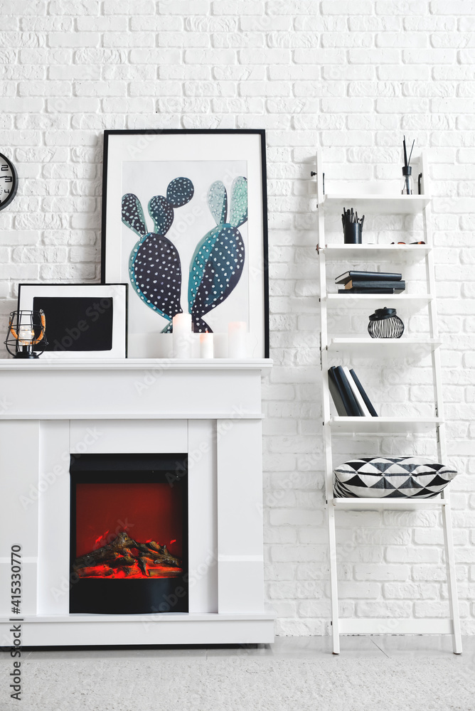 Interior of modern living room with fireplace