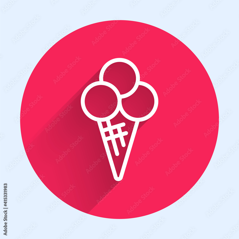 White line Ice cream in waffle cone icon isolated with long shadow. Sweet symbol. Red circle button.