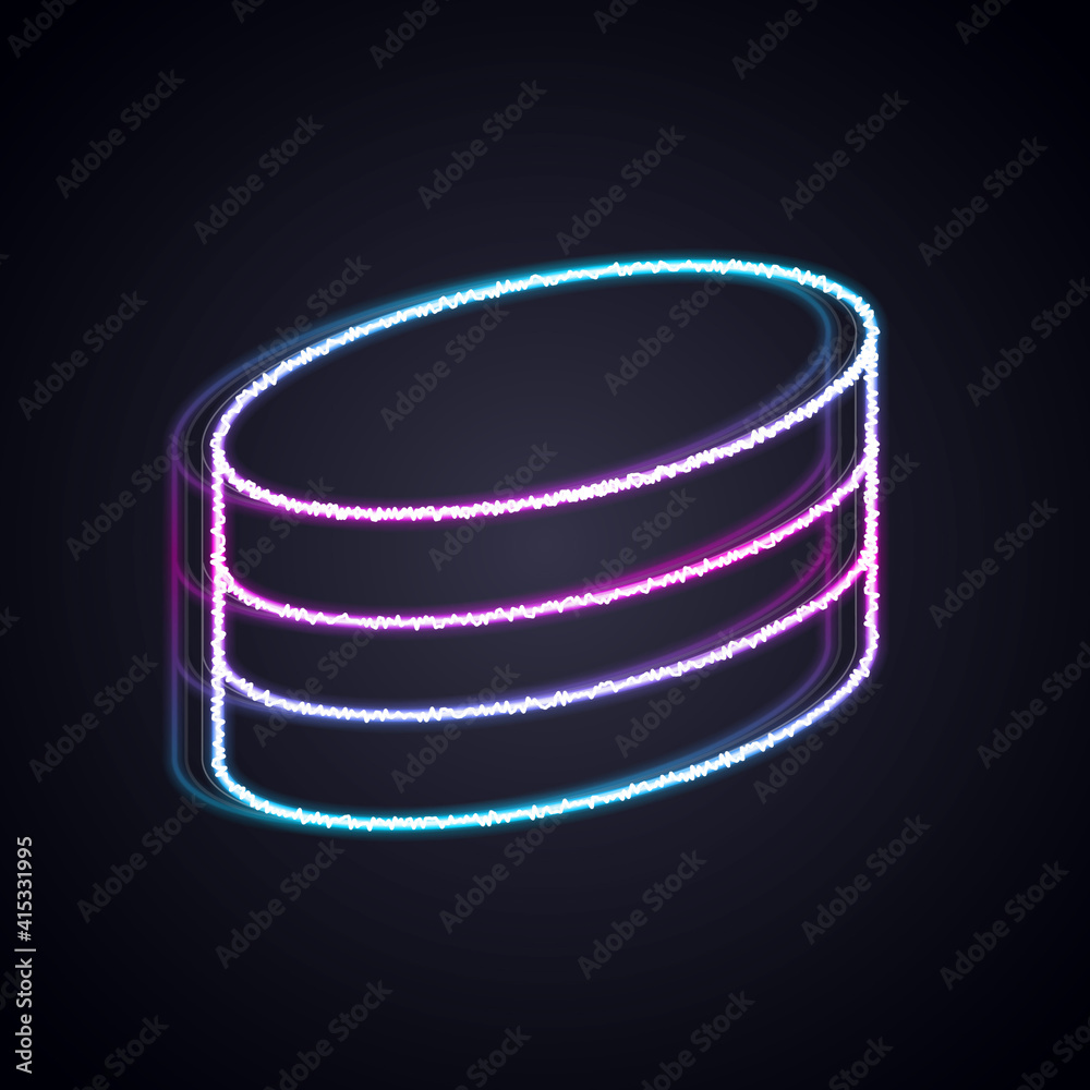 Glowing neon line Brownie chocolate cake icon isolated on black background. Vector.