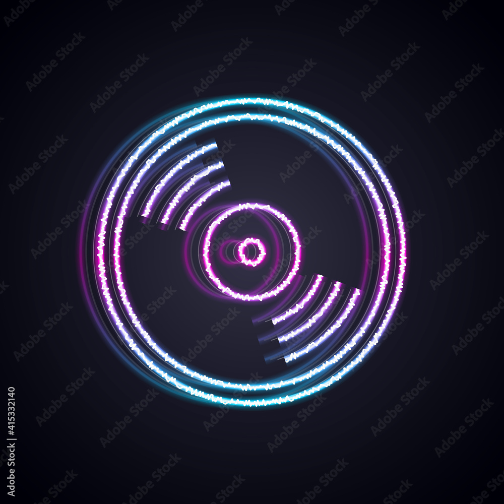 Glowing neon line Vinyl disk icon isolated on black background. Vector.