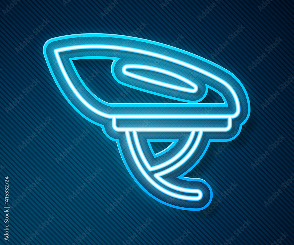 Glowing neon line Bicycle helmet icon isolated on blue background. Extreme sport. Sport equipment. V