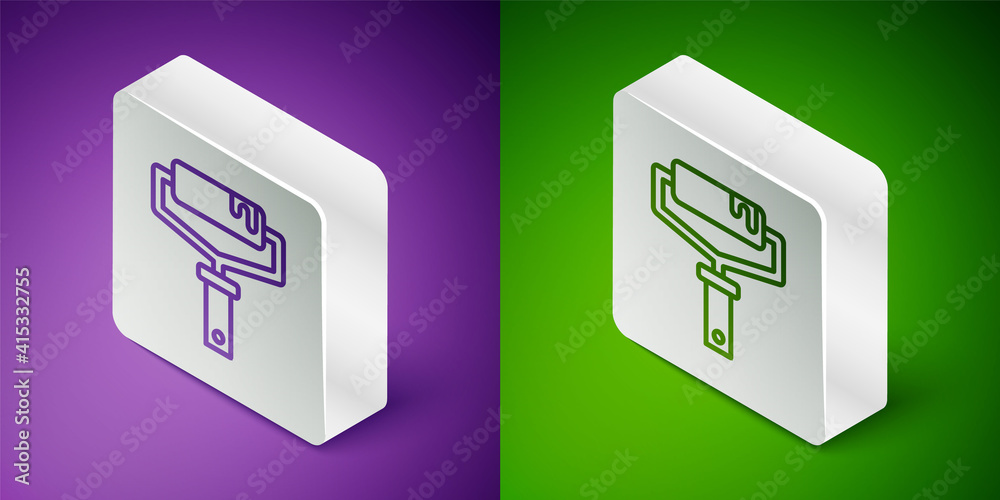 Isometric line Paint roller brush icon isolated on purple and green background. Silver square button