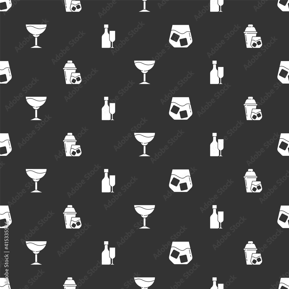 Set Glass of whiskey, Cocktail shaker, Wine glass and bottle with on seamless pattern. Vector.