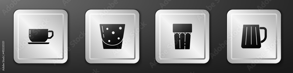 Set Coffee cup, Glass rum, with water and Wooden beer mug icon. Silver square button. Vector.