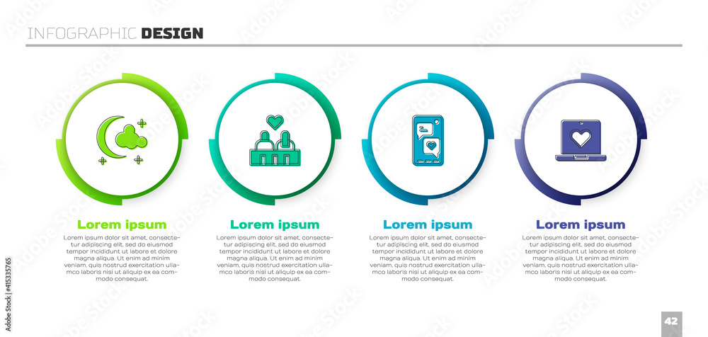 Set Moon and stars, Couple in love, Mobile with heart and Dating app online. Business infographic te