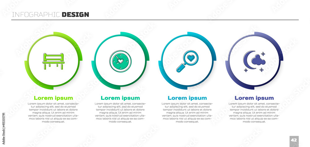 Set Romantic bench, Clock with heart, Search and love and Moon stars. Business infographic template.