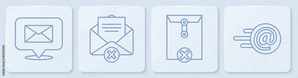 Set line Speech bubble with envelope, Delete envelope, Delete envelope and Mail and e-mail. White sq