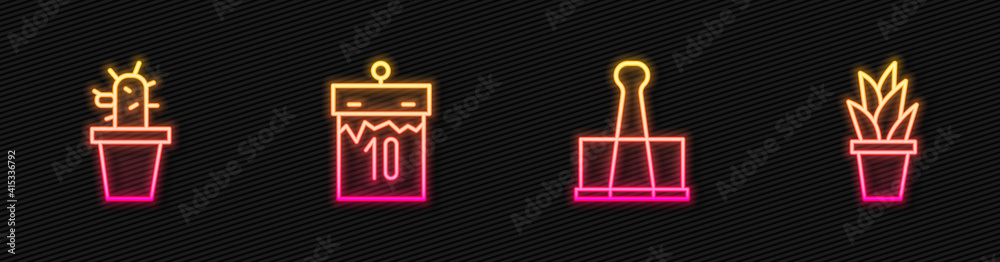 Set line Binder clip, Cactus and succulent pot, Calendar and Plant. Glowing neon icon. Vector.