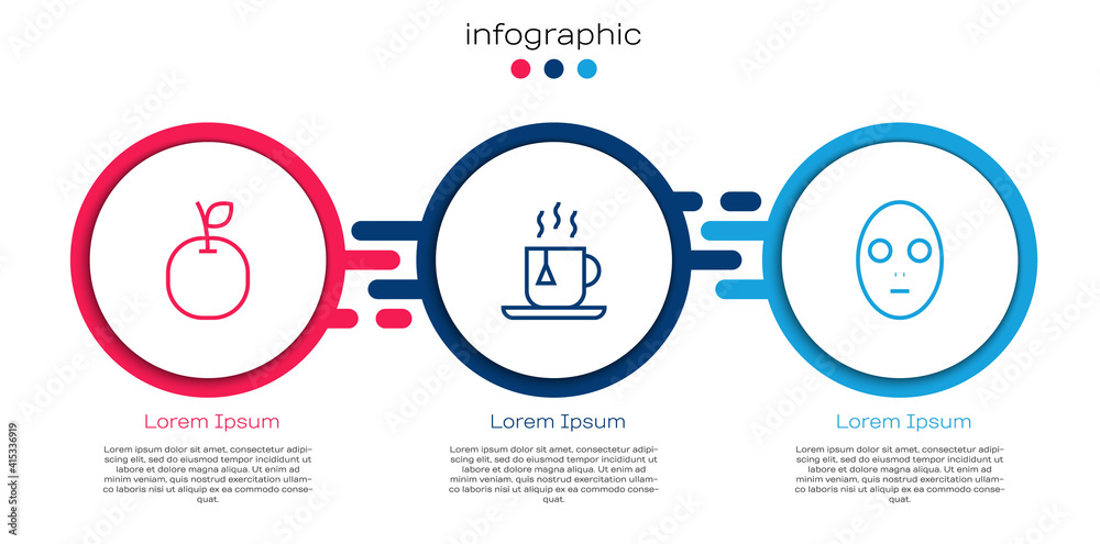 Set line Apple, Cup of tea with tea bag and Facial cosmetic mask. Business infographic template. Vec