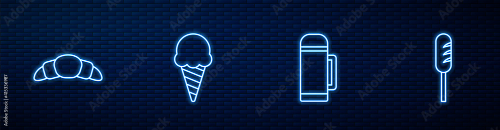 Set line Thermos container, Croissant, Ice cream waffle cone and Fried sausage. Glowing neon icon on