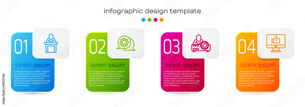 Set line Speaker, Speech bubble chat, Media projector and Hand like. Business infographic template. 