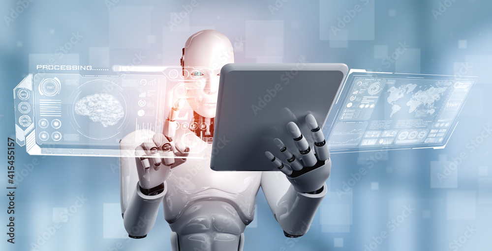 Robot humanoid using tablet computer in concept of AI thinking brain , artificial intelligence and m