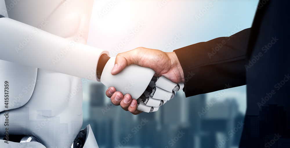 3D rendering humanoid robot handshake to collaborate future technology development by AI thinking br