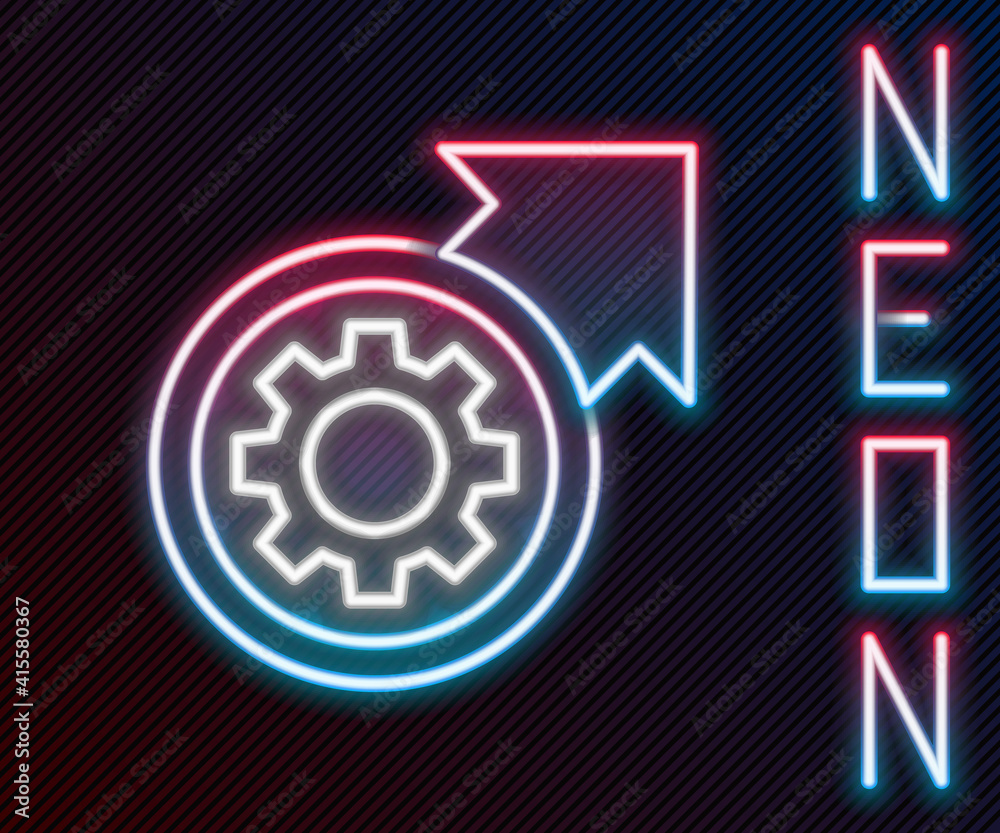 Glowing neon line Gear and arrows as workflow process concept icon isolated on black background. Gea