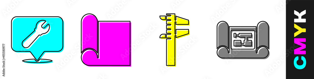 Set Location with wrench spanner, Graphing paper for engineering, Calliper or caliper and scale and 