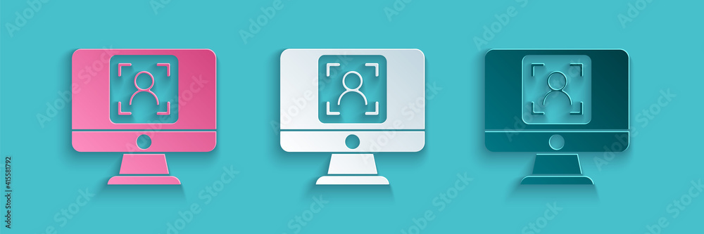 Paper cut Monitor with face recognition icon isolated on blue background. Face identification scanne