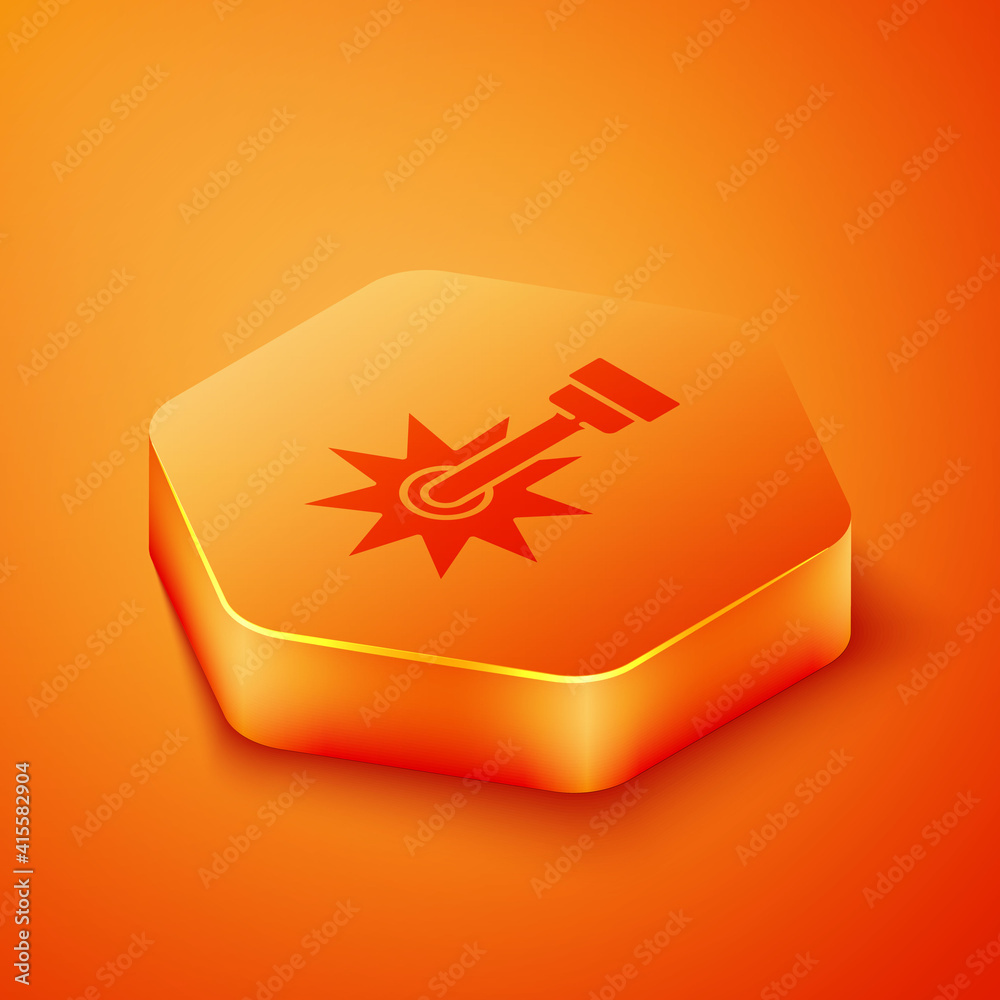 Isometric Cowboy horse riding spur for boot icon isolated on orange background. Orange hexagon butto