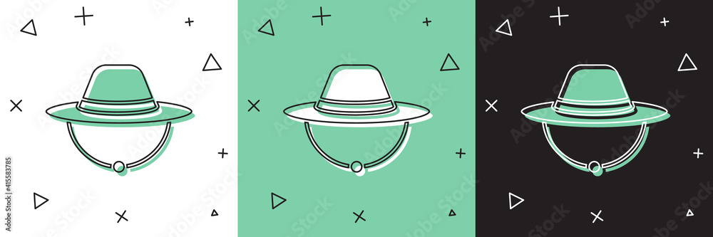 Set Camping hat icon isolated on white and green, black background. Beach hat panama. Explorer trave