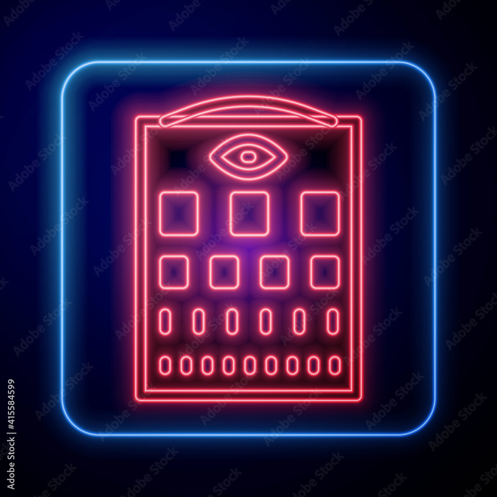 Glowing neon Eye test chart icon isolated on blue background. Poster for vision testing in ophthalmi