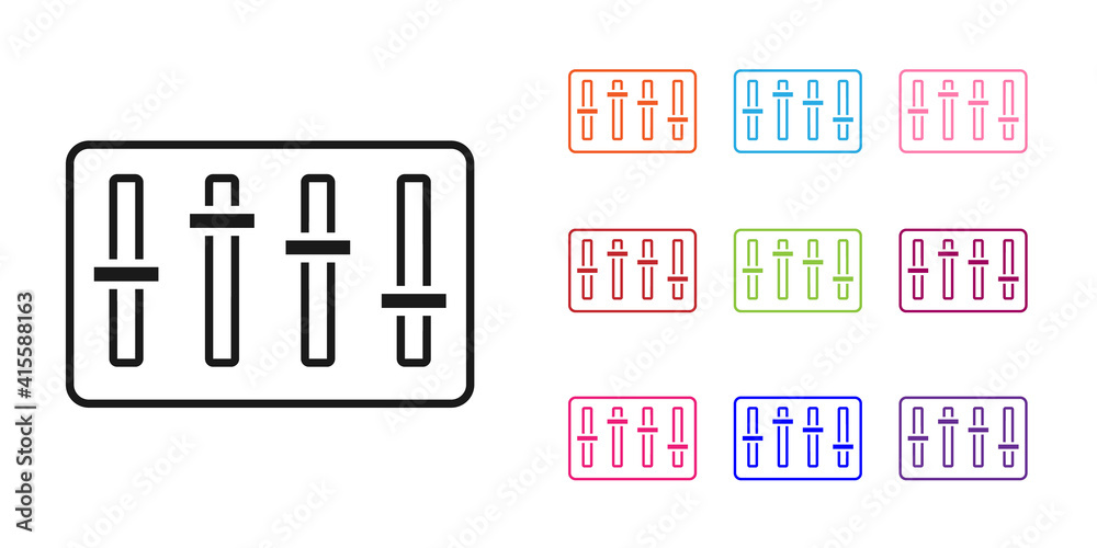 黑色混音器控制器图标隔离在白色背景上。Dj设备滑块按钮。混音