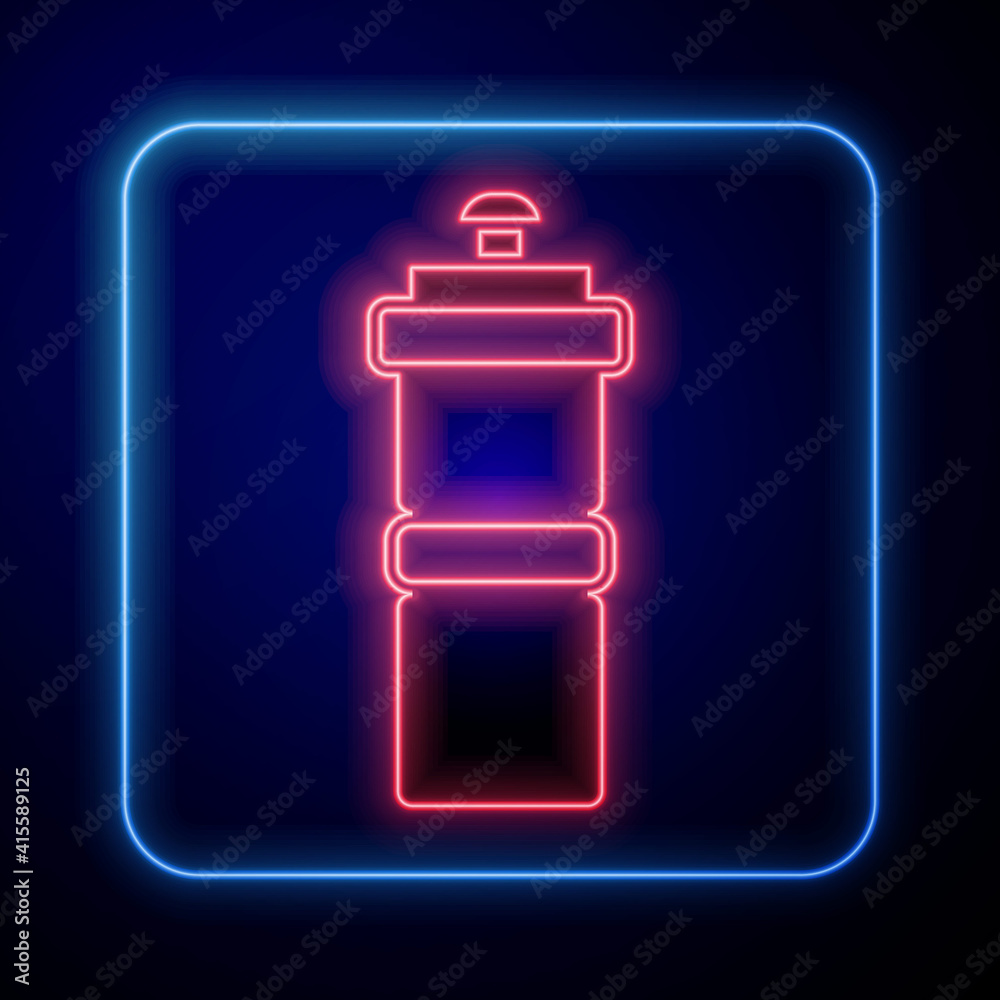 Glowing neon Sport bottle with water icon isolated on black background. Vector.