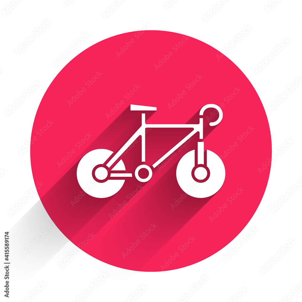 White Bicycle icon isolated with long shadow. Bike race. Extreme sport. Sport equipment. Red circle 