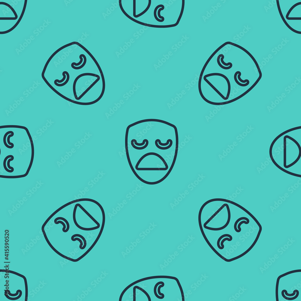 Black line Drama theatrical mask icon isolated seamless pattern on green background. Vector.