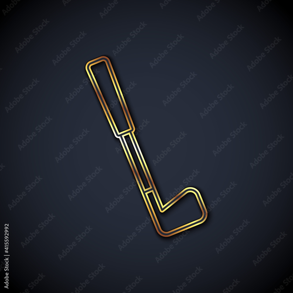 Gold line Golf club icon isolated on black background. Vector.