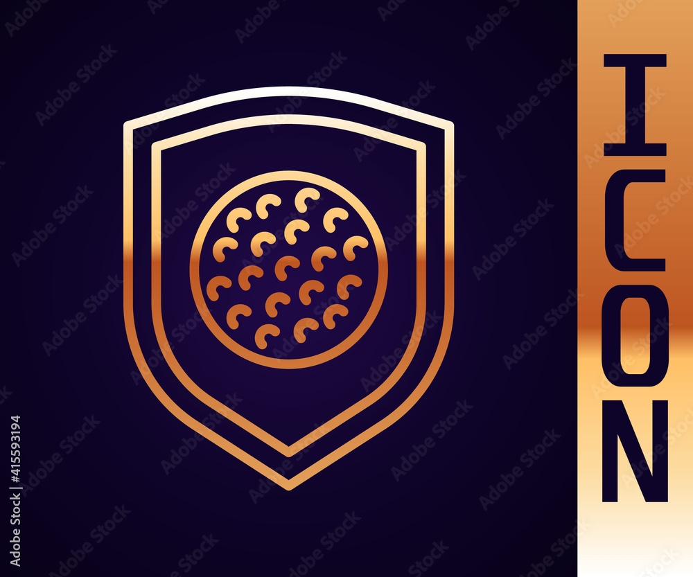 Gold line Golf ball with shield icon isolated on black background. Vector.