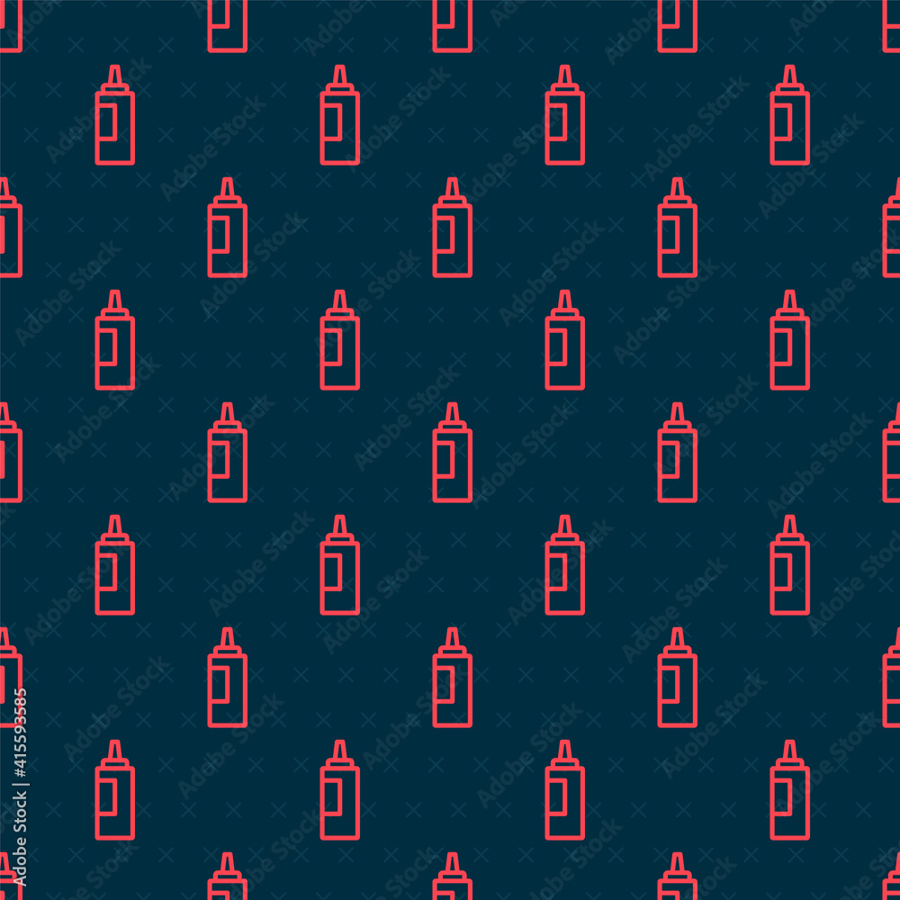 Red line Sauce bottle icon isolated seamless pattern on black background. Ketchup, mustard and mayon