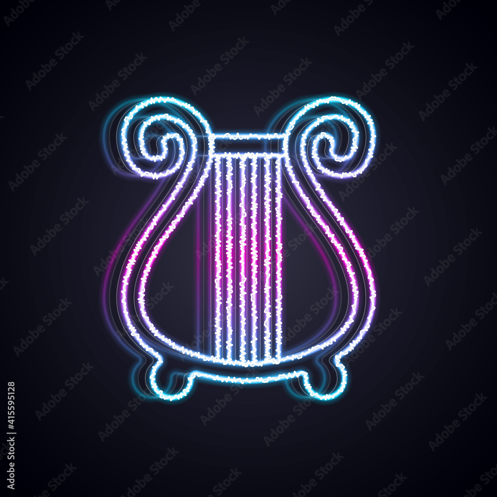 Glowing neon line Ancient Greek lyre icon isolated on black background. Classical music instrument, 