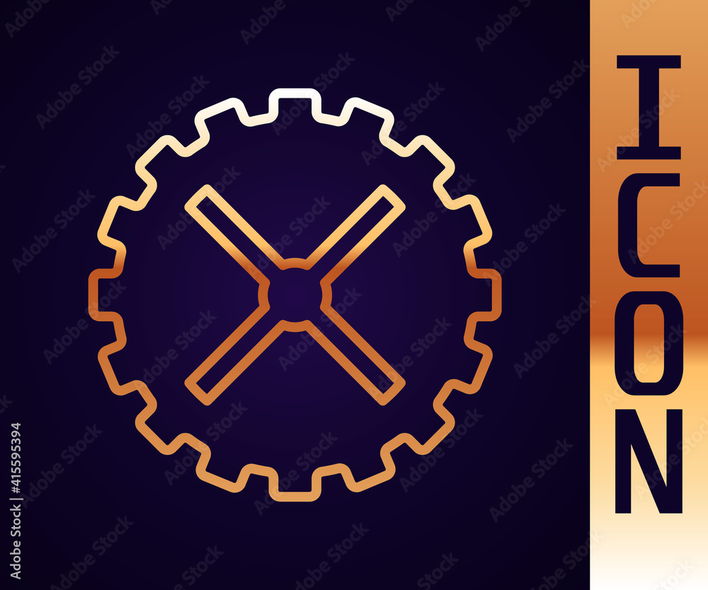 Gold line Bicycle sprocket crank icon isolated on black background. Vector.