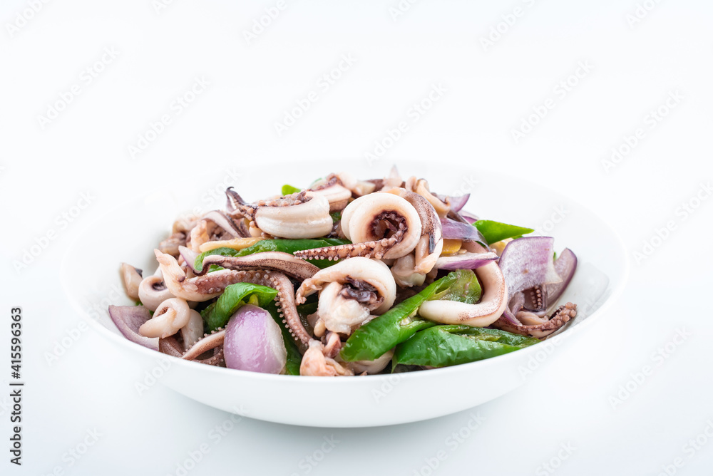 Fried squid with a dish of Chinese home cooking