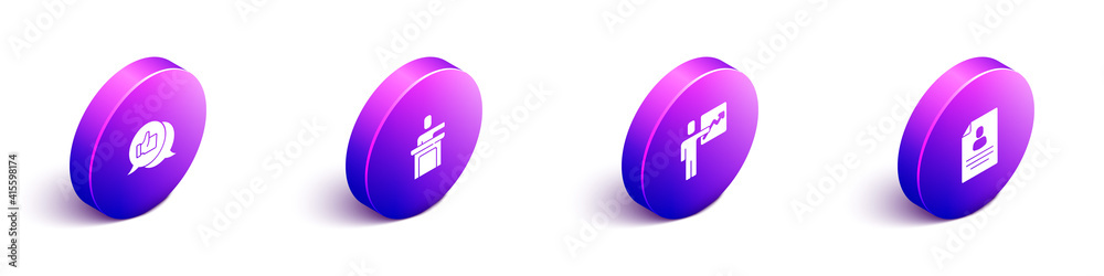 Set Isometric Hand like, Speaker, Team leader and Resume icon. Vector.