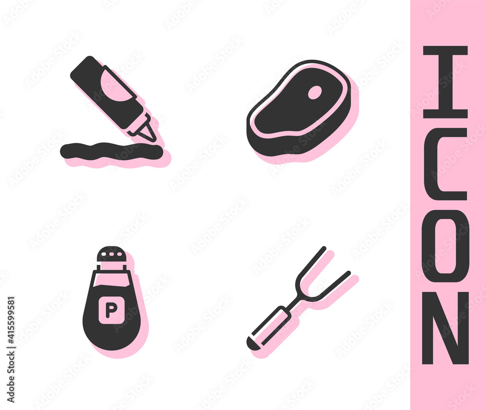 Set Barbecue fork, Ketchup bottle, Pepper and Steak meat icon. Vector.