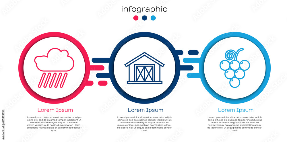 Set line Cloud with rain, Farm house and Grape fruit. Business infographic template. Vector.