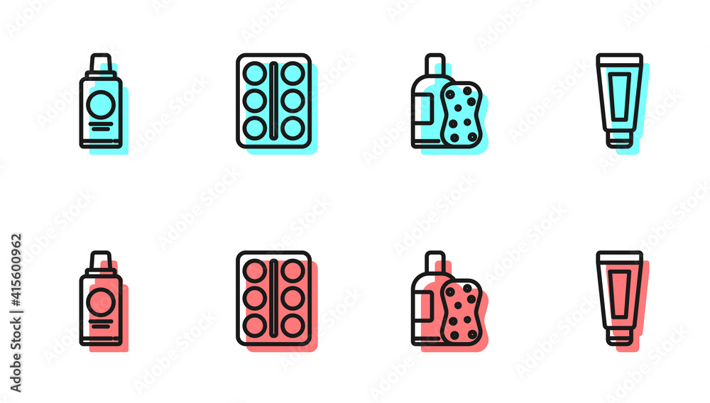 Set line Bottle of shampoo and sponge, , Eye shadow palette and Cream or lotion cosmetic tube icon. 