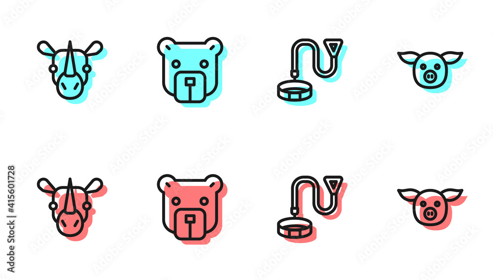 Set line Collar with name tag, Rhinoceros, Bear head and Pig icon. Vector.