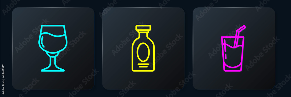 Set line Wine glass, Cocktail and Alcohol drink Rum. Black square button. Vector.