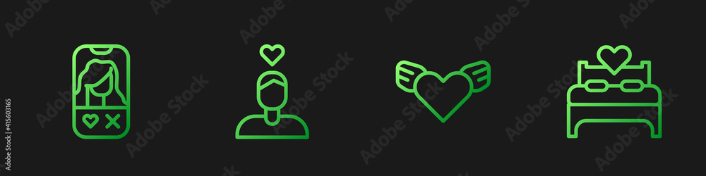 Set line Heart with wings, Dating app online, Couple love and Bedroom. Gradient color icons. Vector.