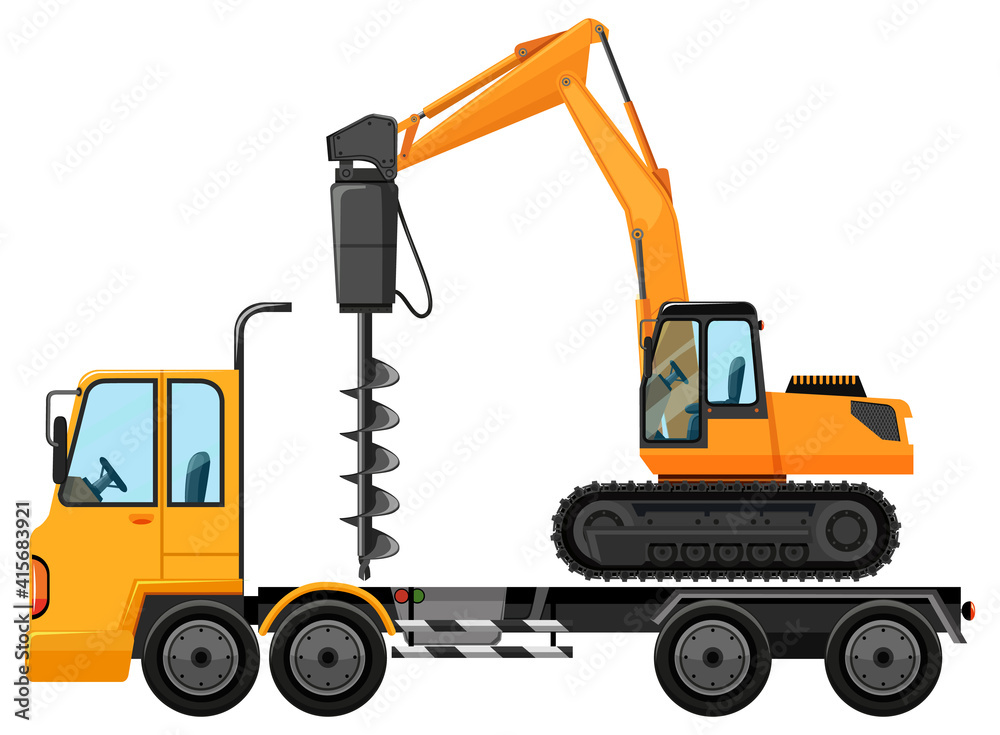 Tow truck carrying construction car isolated on white background