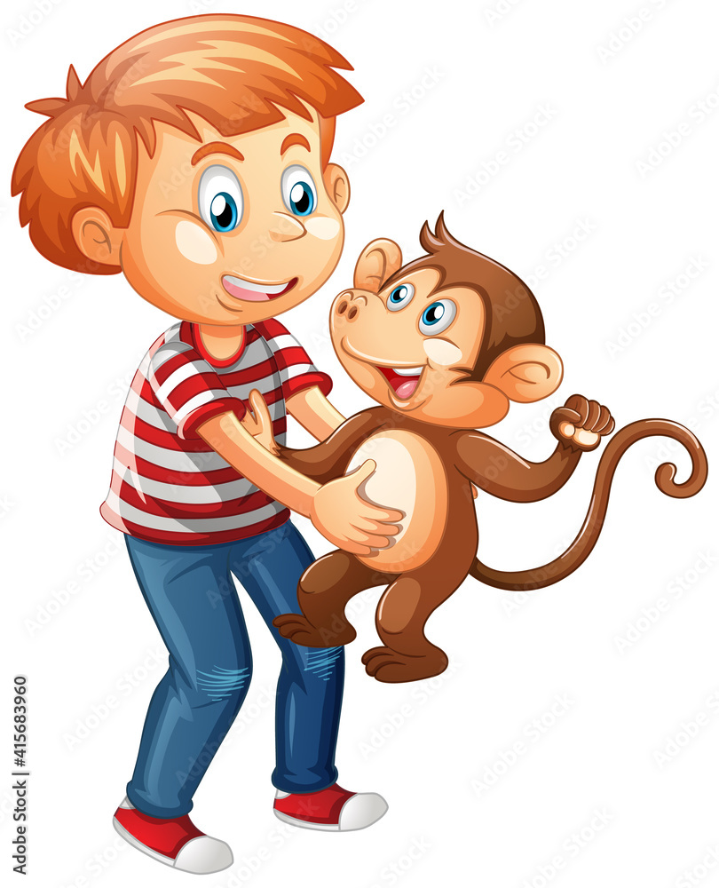 Boy holding a little monkey isolated on white background