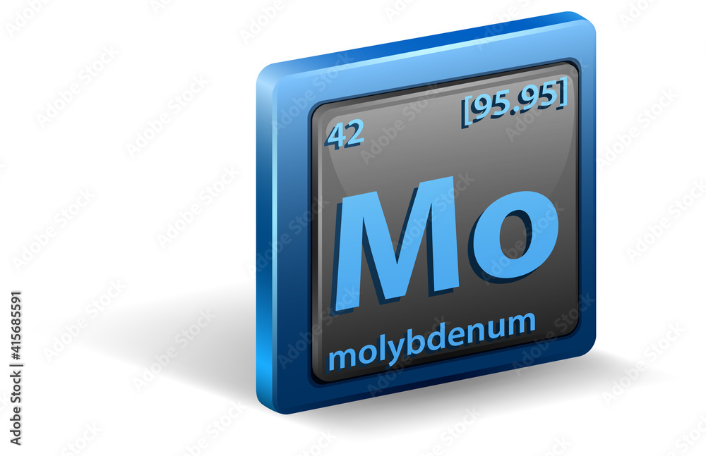 Molybdenum chemical element. Chemical symbol with atomic number and atomic mass.