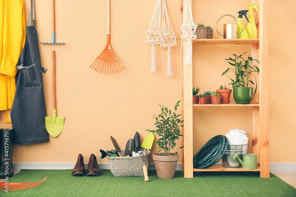 Set of gardening supplies and houseplants in barn