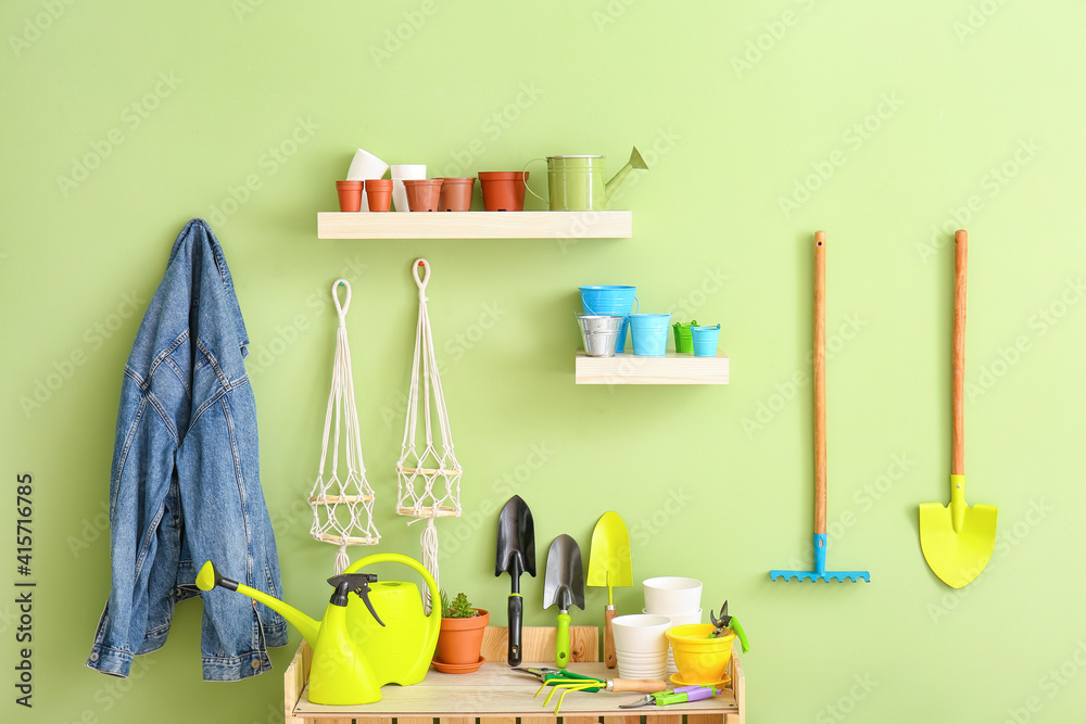 Set of gardening supplies in barn