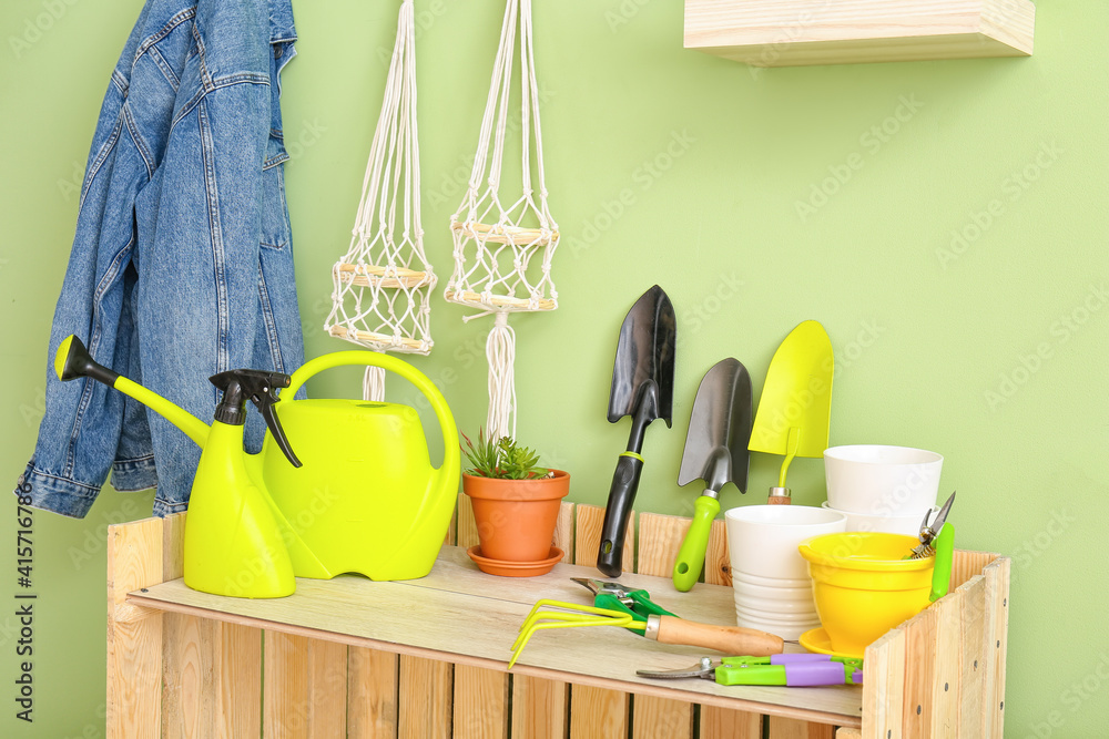 Set of gardening supplies in barn