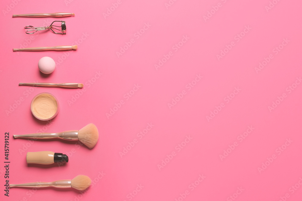 Set of makeup supplies and decorative cosmetics on color background