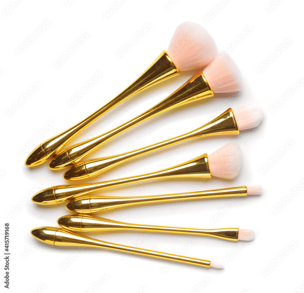 Set of makeup brushes on white background