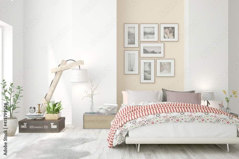 White bedroom interior. Scandinavian design. 3D illustration